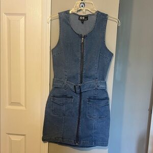 Denim Zip Front Mini Dress with Belt - Blue